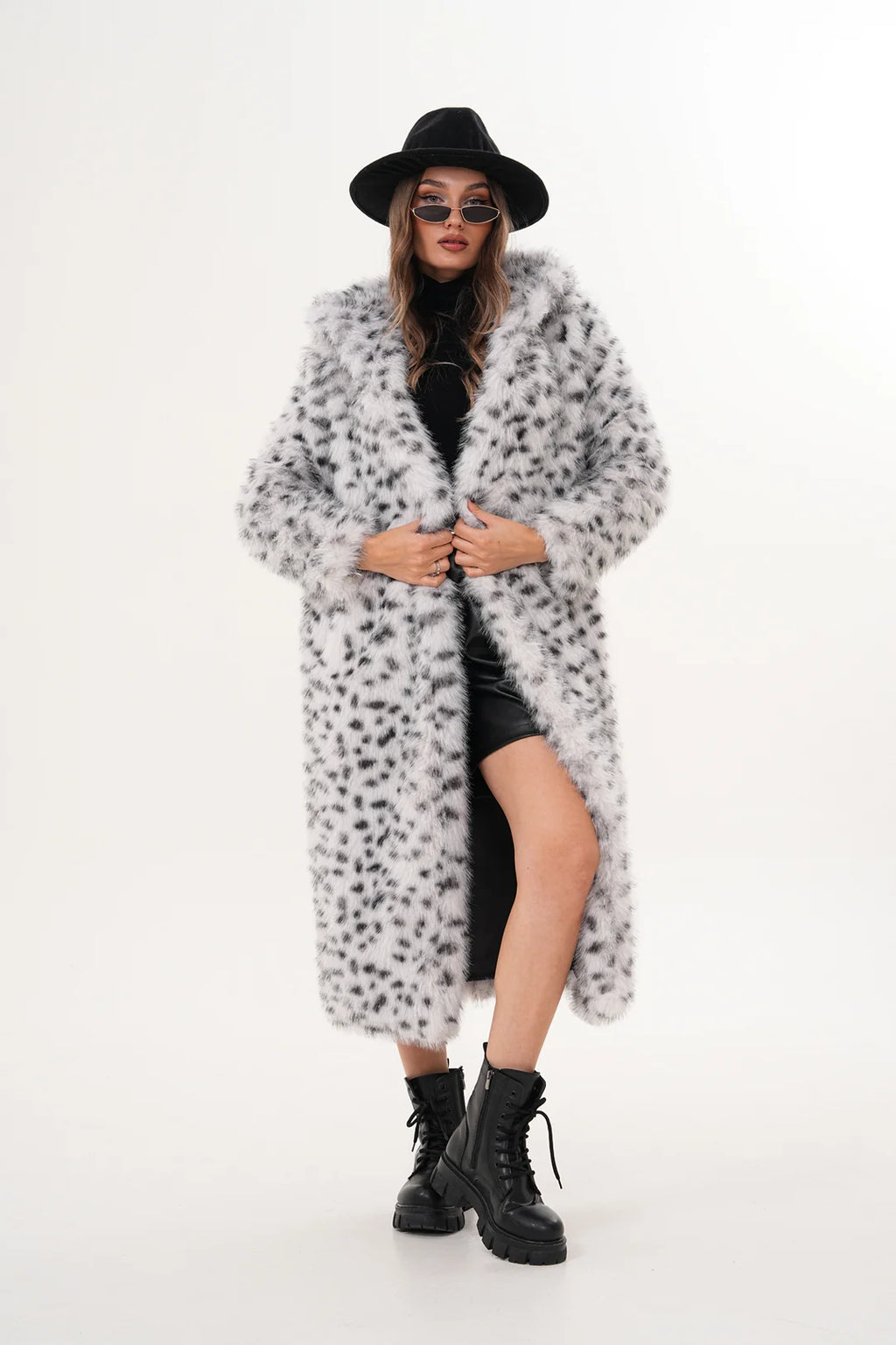 Hooded Faux Fur Coat – Off-White with Black Spots