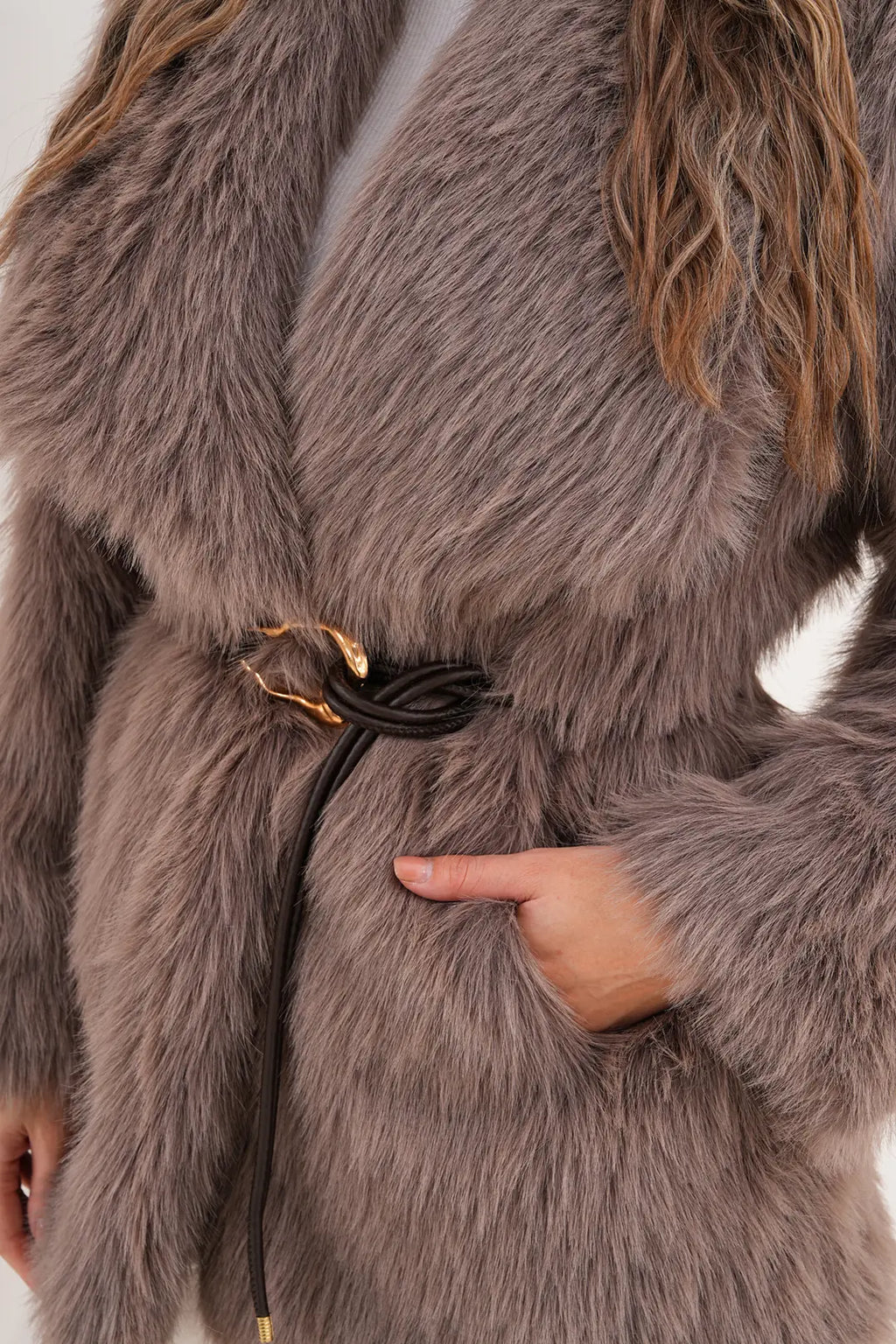 Beige Mink-Tone Belted Wide Collar Midi Faux Fur Coat