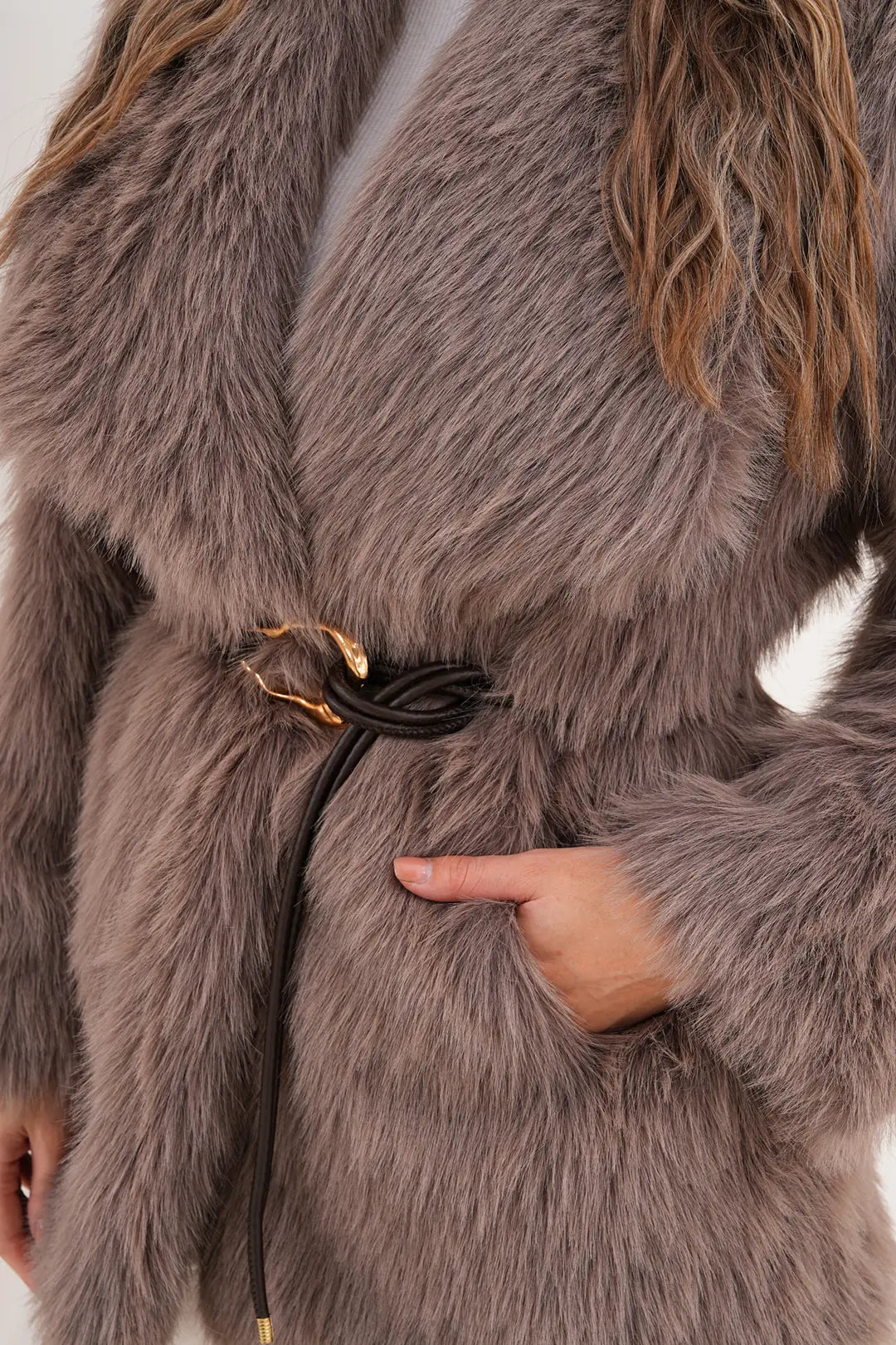 Beige Mink-Tone Belted Wide Collar Midi Faux Fur Coat