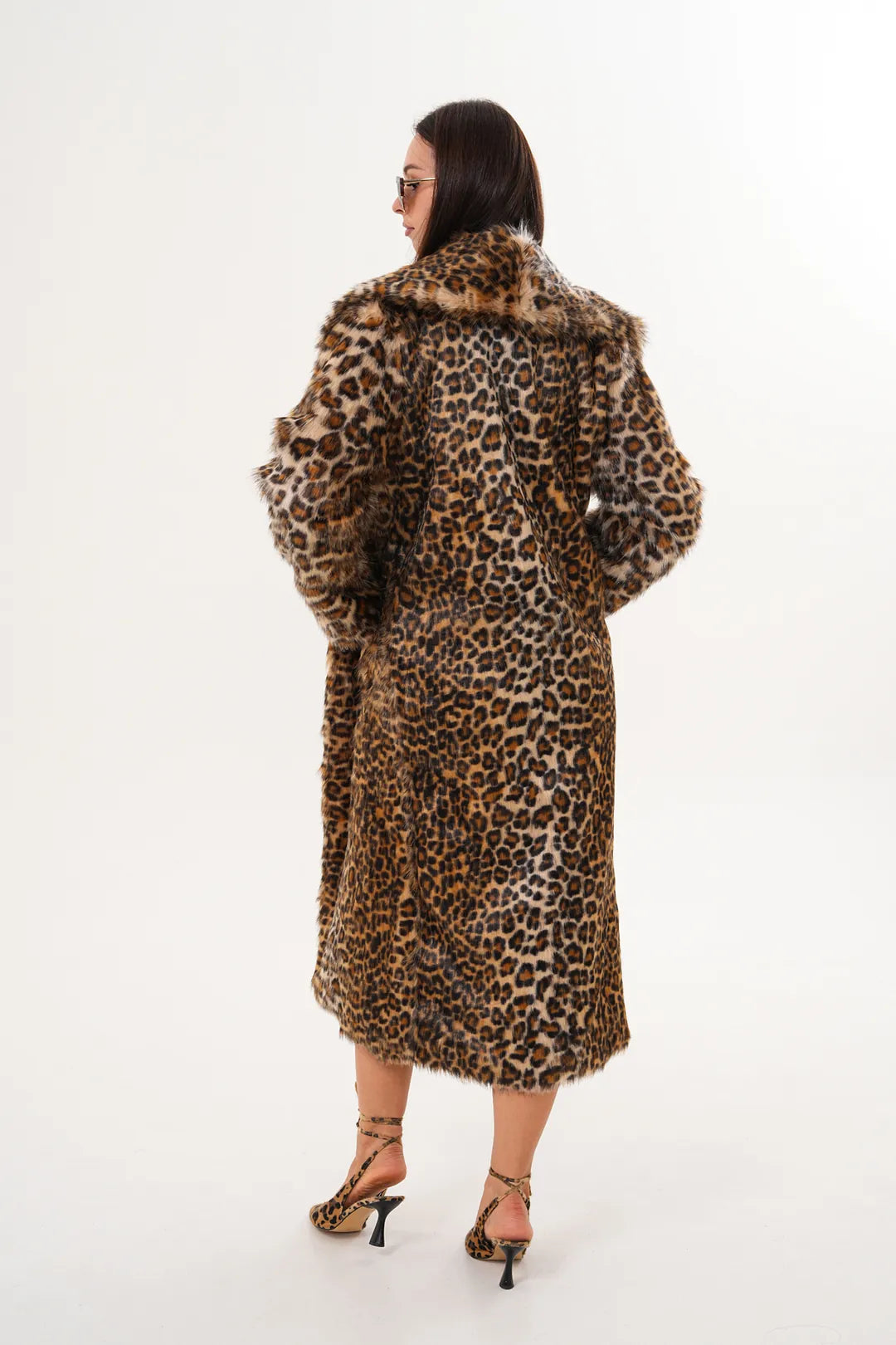 Full-Length Shawl Collar Leopard Faux Fur Coat