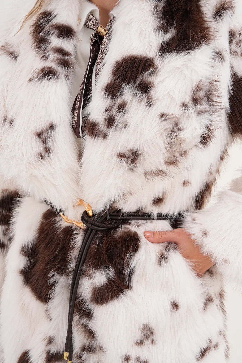 Belted Brown White Wide Collar Midi  Faux Fur Coat