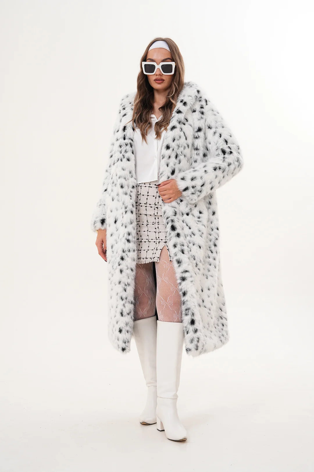 Full-Length Hooded Faux Fur Coat – White Leopard Print