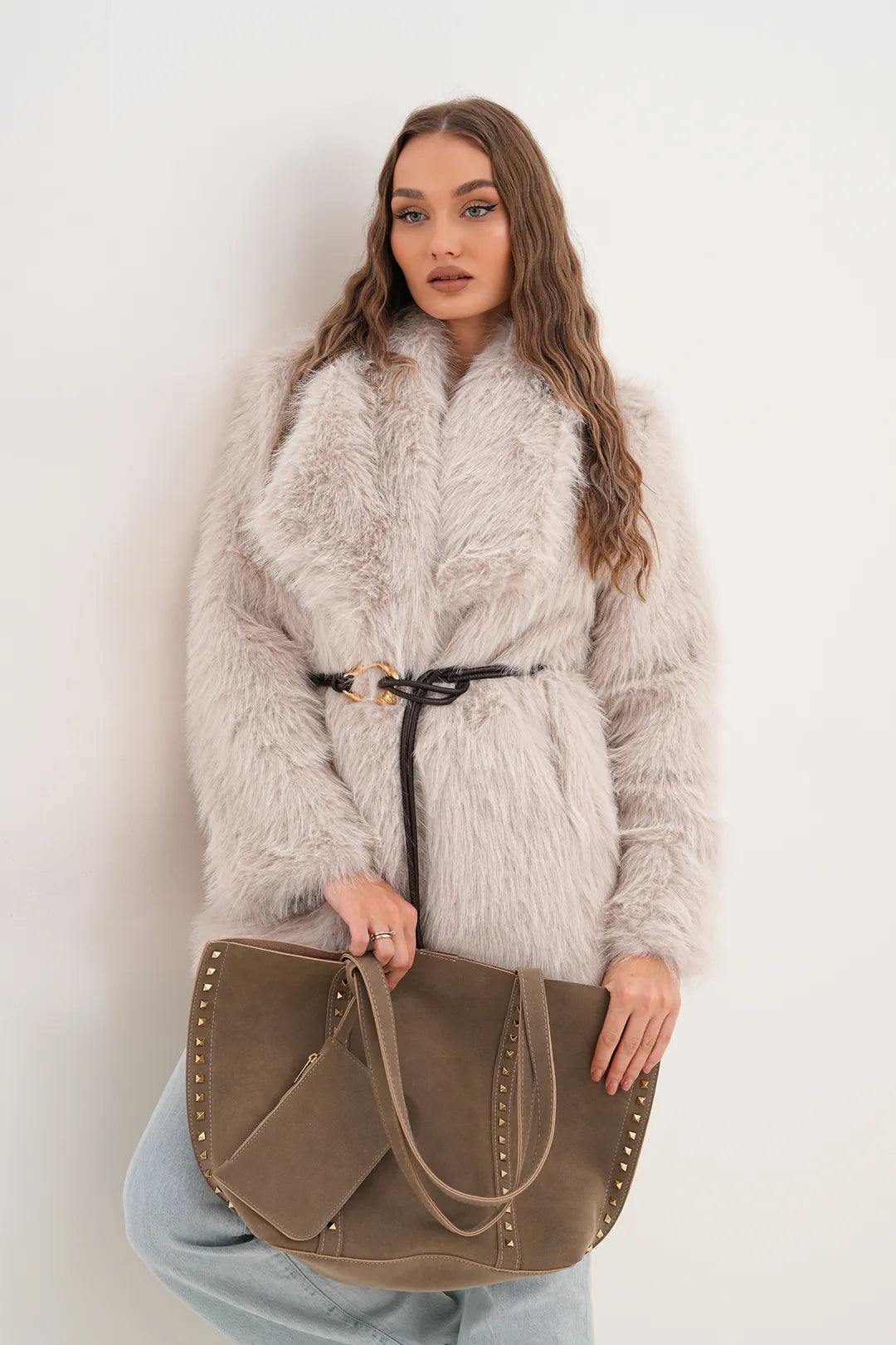 Cream Belted Wide Collar Midi Faux Fur Coat