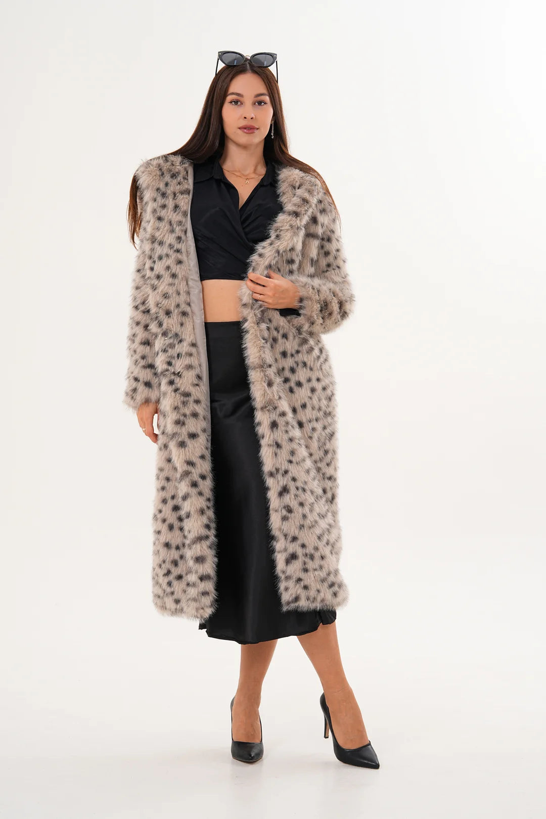 Full-Length Hooded Faux Fur Coat – Stone | Soft, Warm & Elegant Winter Coat