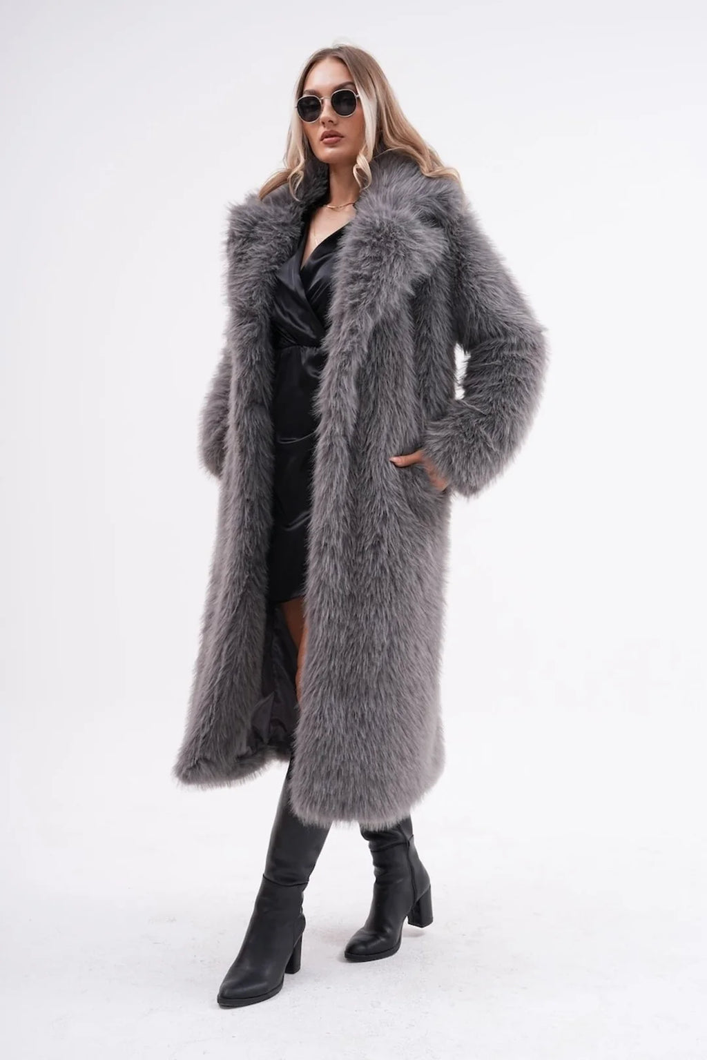 Grey Full Length Faux Fur Coat for Women | Oversized Long Winter Coat