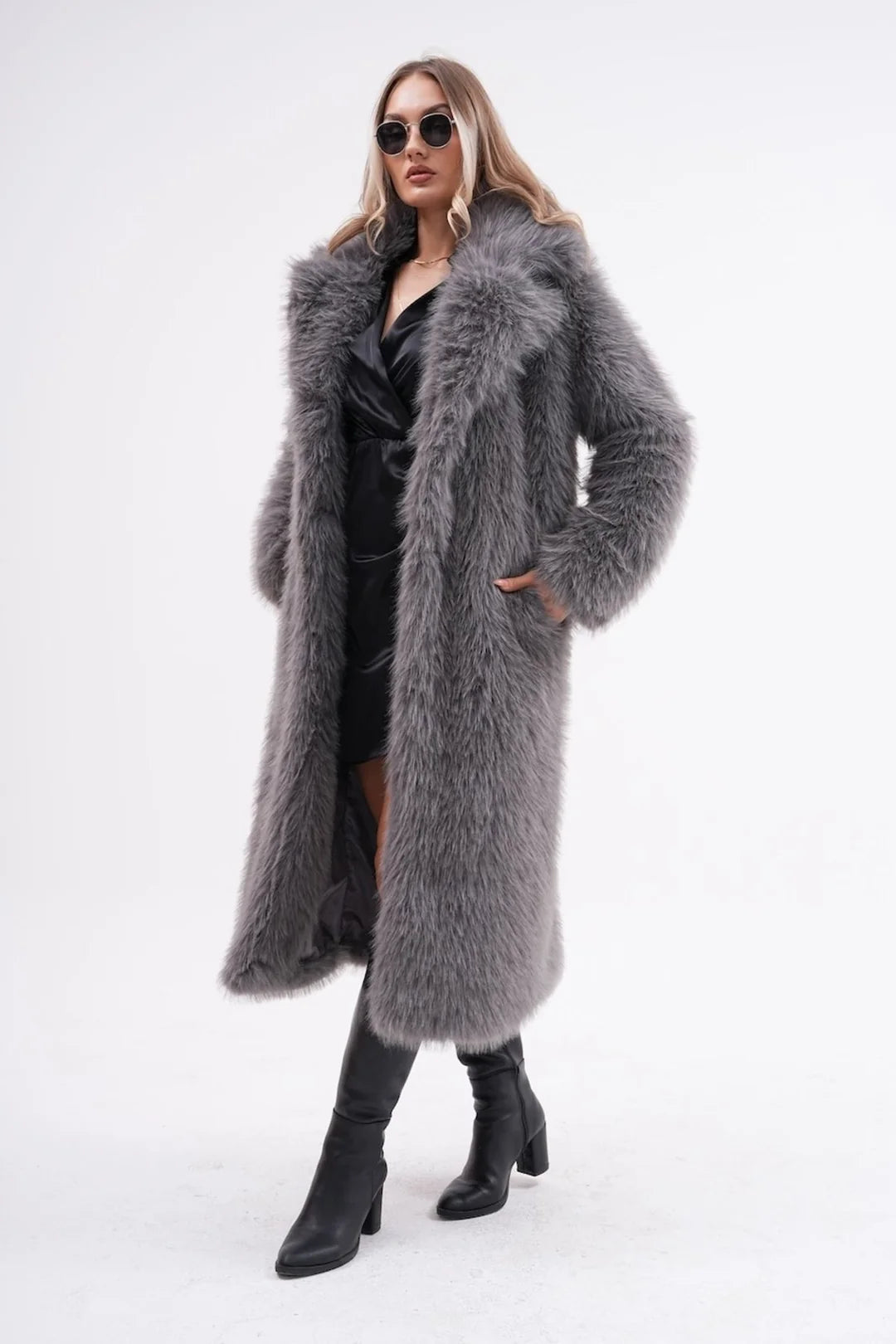 Grey Full Length Faux Fur Coat for Women | Oversized Long Winter Coat
