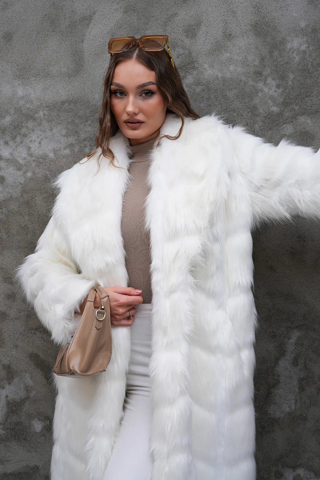 Carla Full-Length Long Hair Faux Fur Coat – White | Luxury Winter Statement Coat