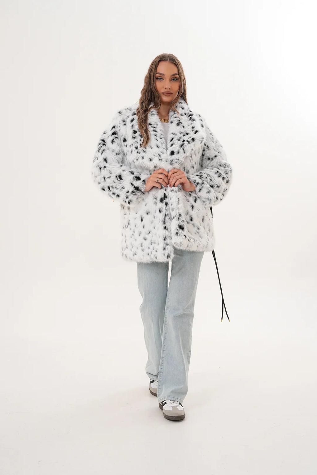 Black & White Leopard Print Belted Wide Collar Midi Faux Fur Coat