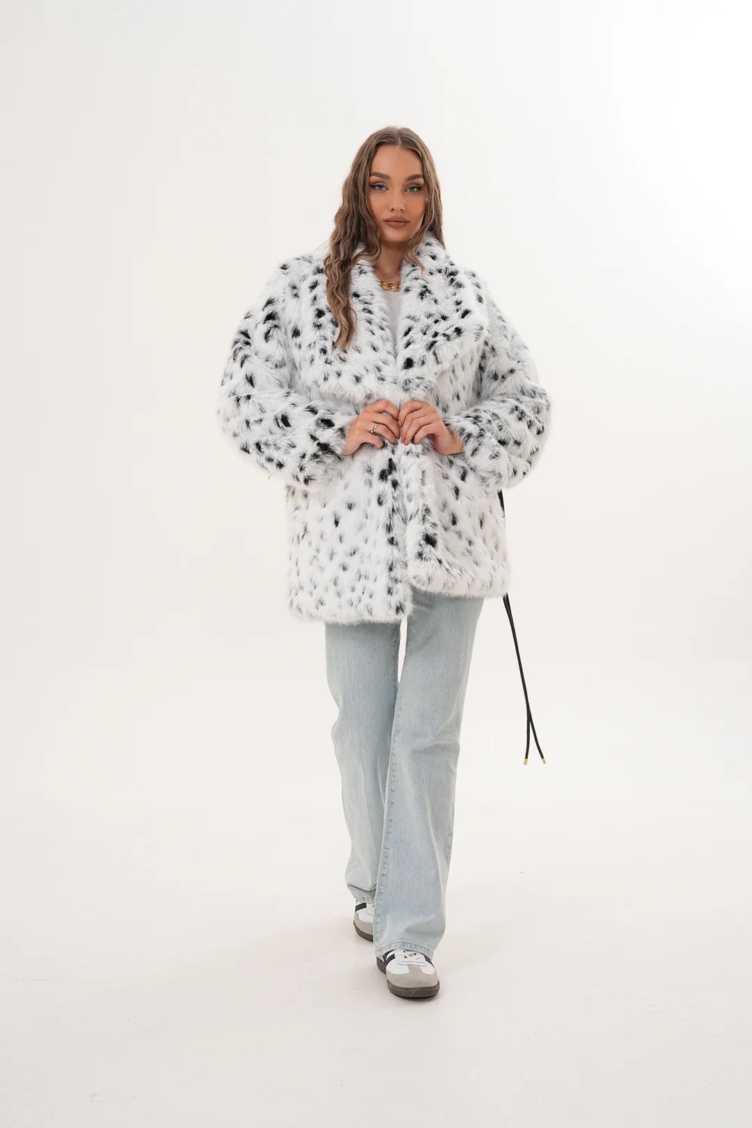 Black & White Leopard Print Belted Wide Collar Midi Faux Fur Coat