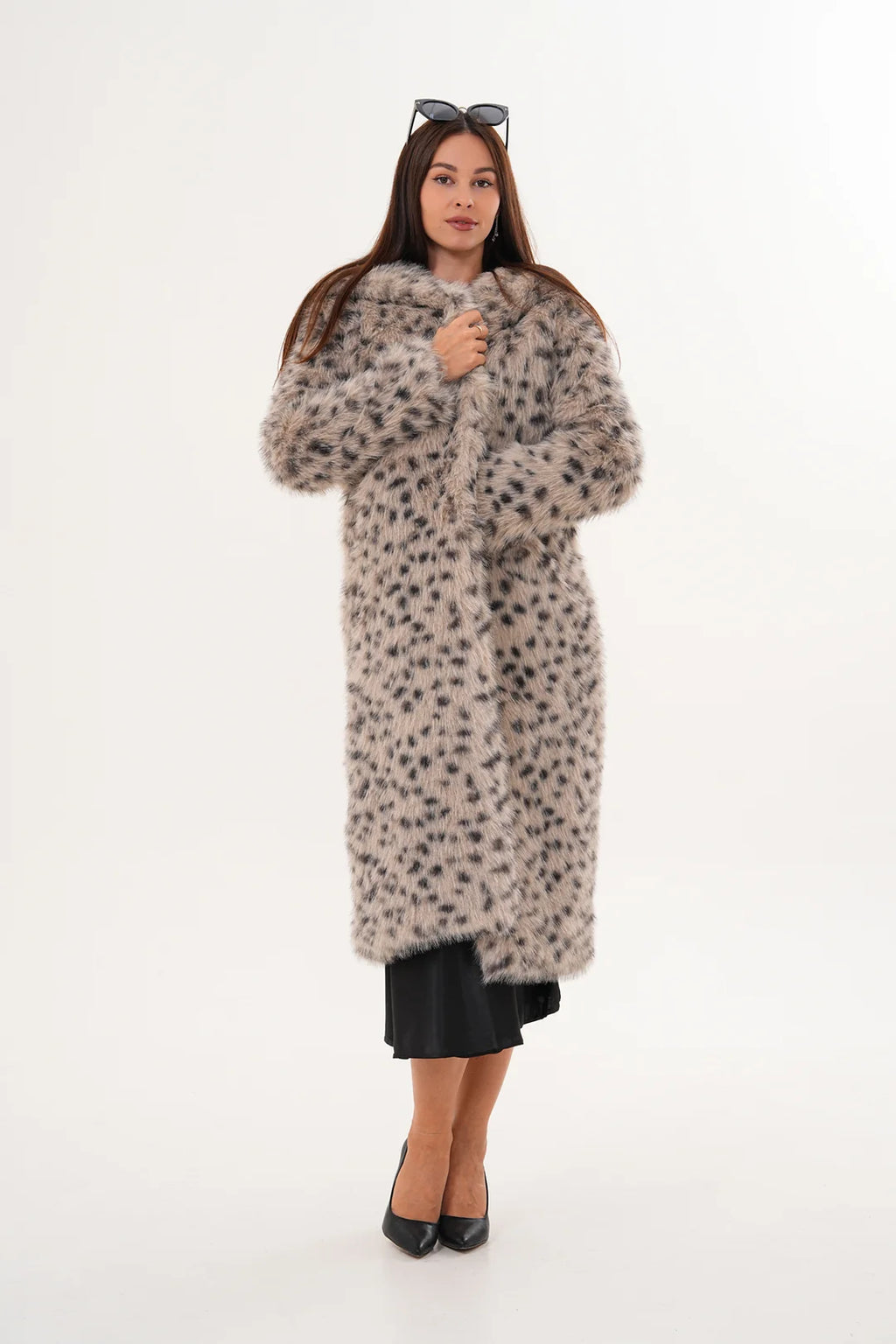 Full-Length Hooded Faux Fur Coat – Stone | Soft, Warm & Elegant Winter Coat