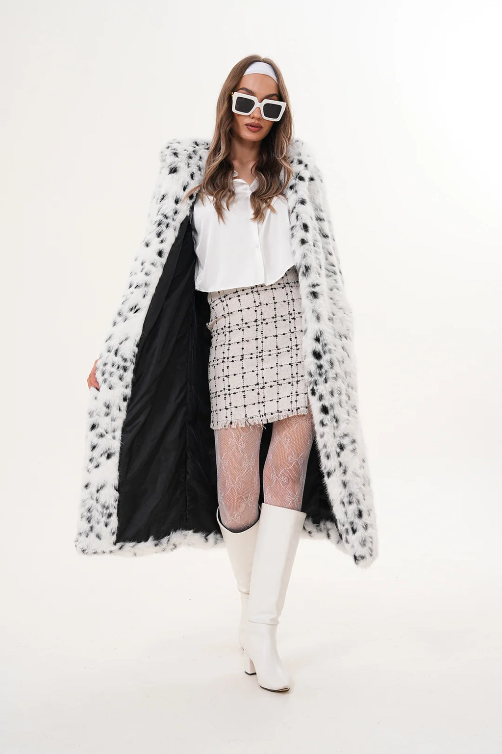 Full-Length Hooded Faux Fur Coat – White Leopard Print