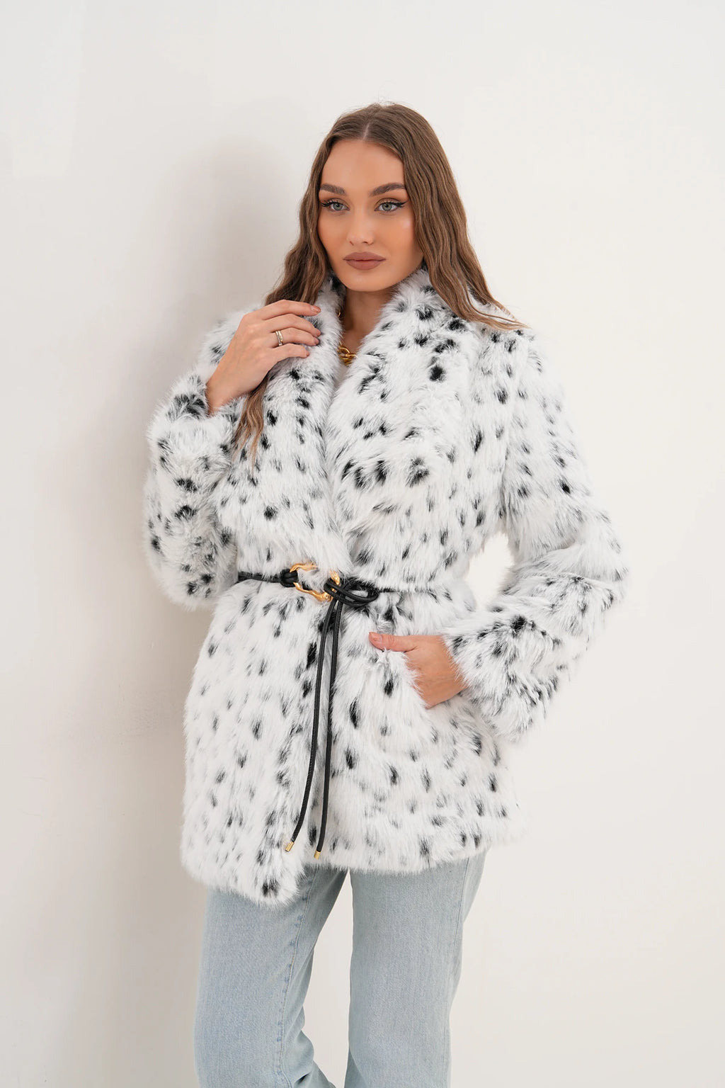 Black & White Leopard Print Belted Wide Collar Midi Faux Fur Coat