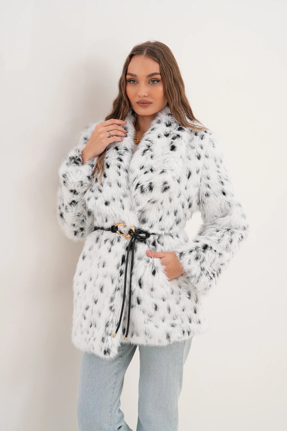 Black & White Leopard Print Belted Wide Collar Midi Faux Fur Coat